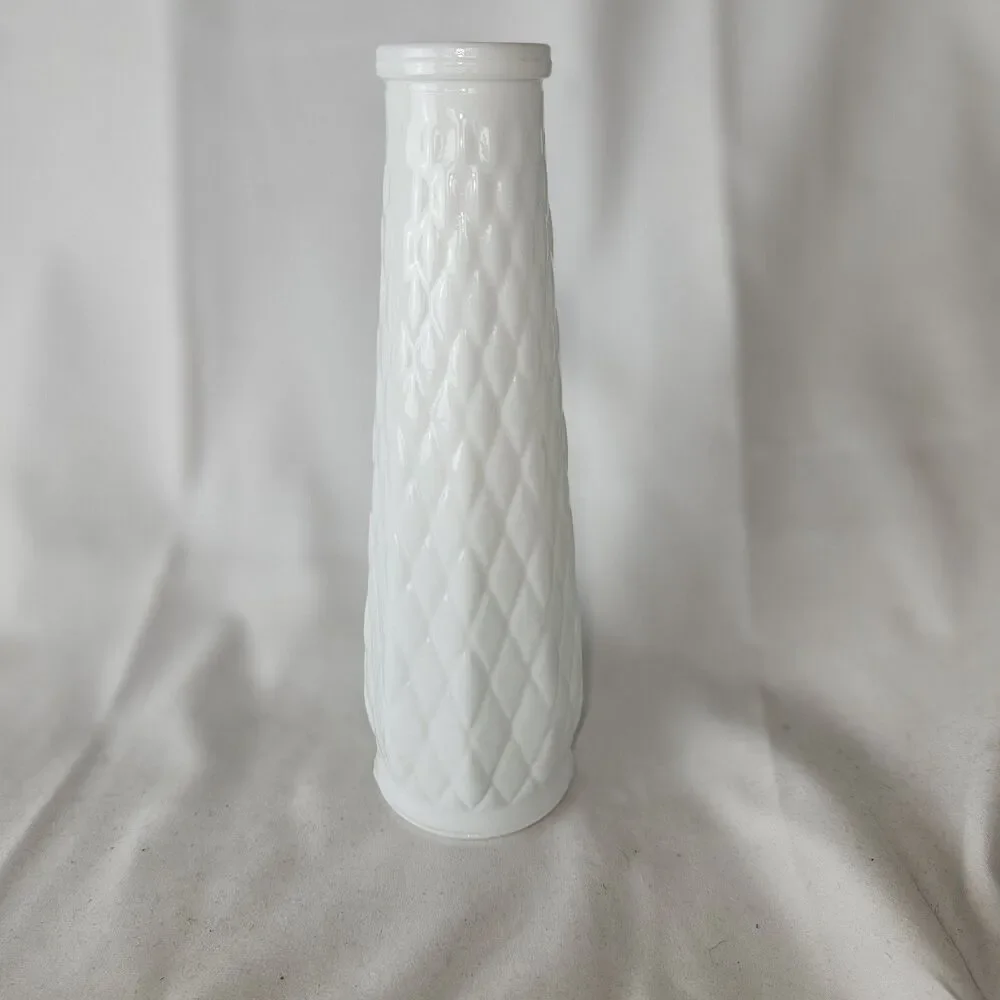 E O Brody Milk Glass Vase Diamond Pattern M-147 Made In USA - 8 3/4” Tall